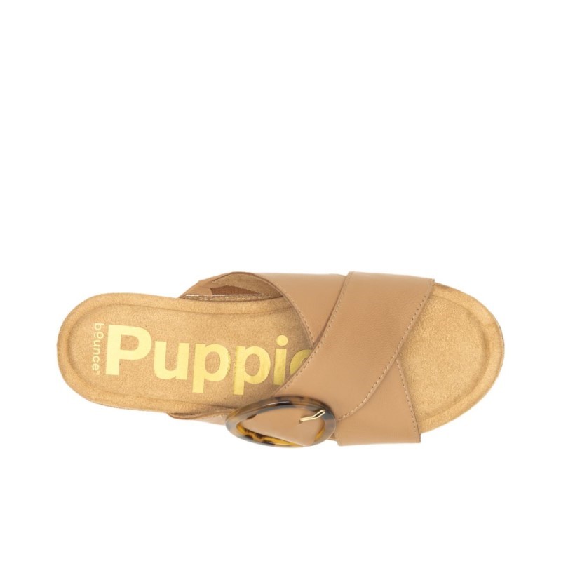 Women's June Buckle Slide Sandal Hush Puppies Deep Beige Leather